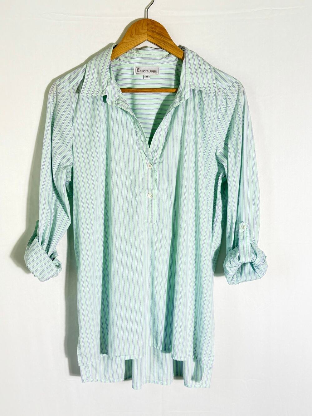 Elliott Lauren Mint Green Striped Popover Button Front Blouse Women’s Size 12